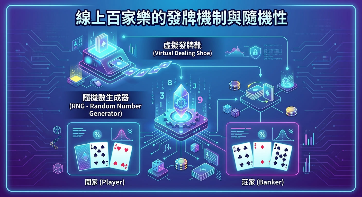 這張圖片展示了線上百家樂的隨機數生成器(RNG)與虛擬發牌靴等發牌機制流程。 畫面以充滿科技感的藍紫色調呈現,並標註了閒家與莊家的配牌與機率分析。