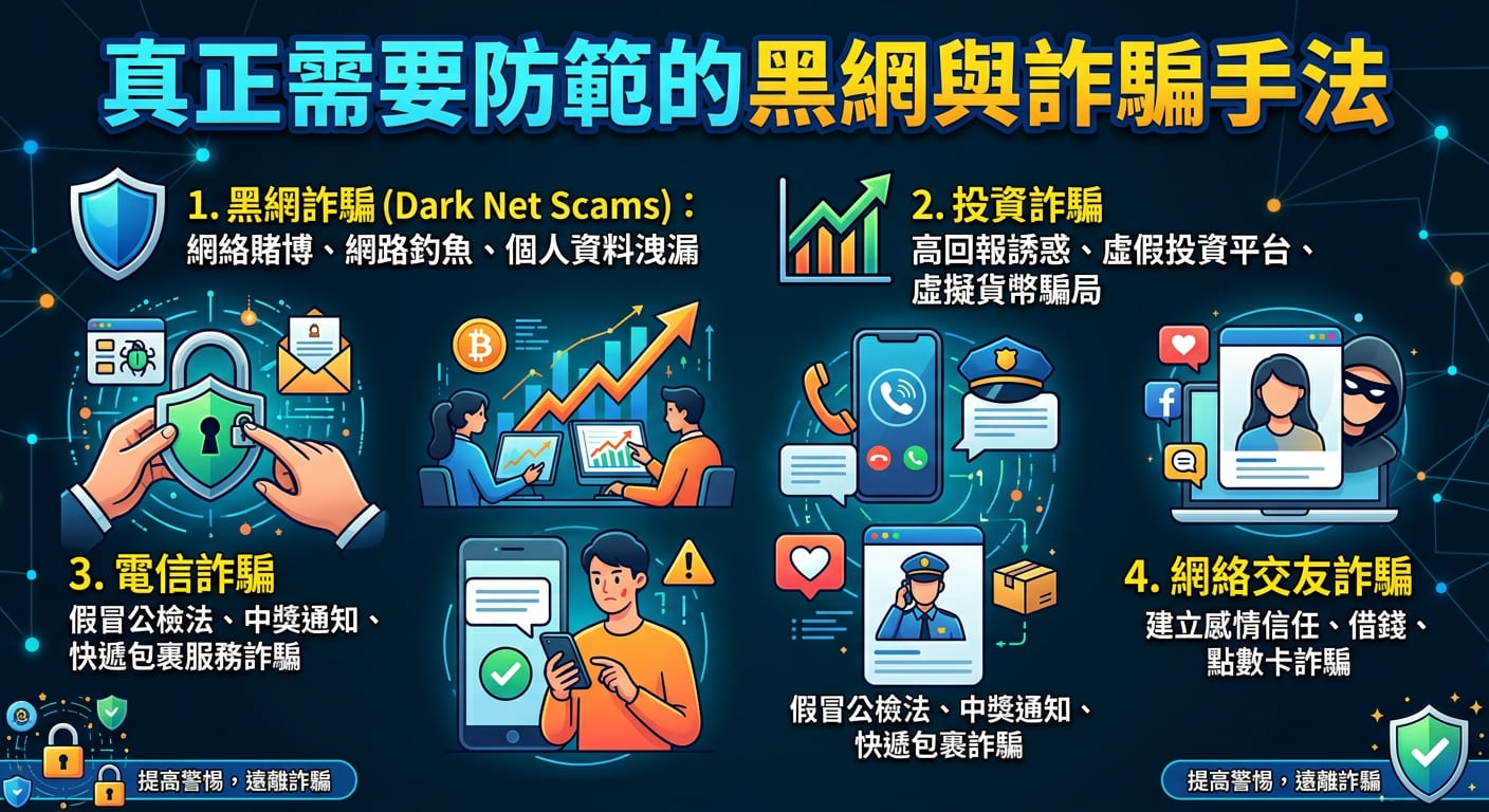 這張圖表介紹了需要防範的黑網與詐騙手法,包含黑網、投資、電信及網路交友詐騙。 圖中搭配各種圖示與提醒文字,旨在提高大眾的防詐意識與警覺性。