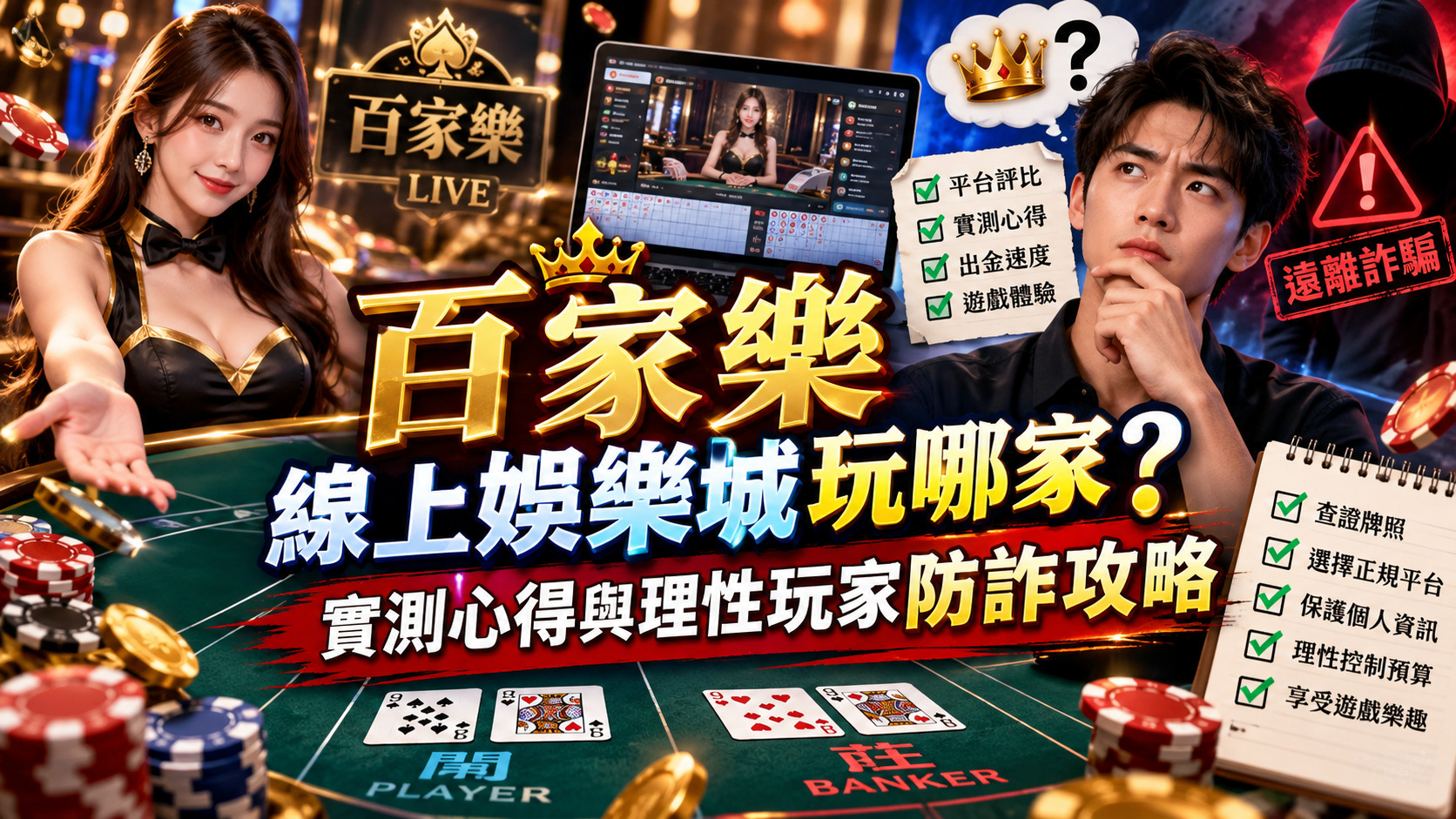圖片以奢華金黑色調呈現線上百家樂娛樂城，結合真人荷官、撲克牌、籌碼與手機遊戲介面，展現高質感的娛樂氛圍。 透過平台安全性、遊戲體驗、優惠活動、出入金便利性及客服服務五大重點，幫助玩家了解如何挑選合適的百家樂平台。