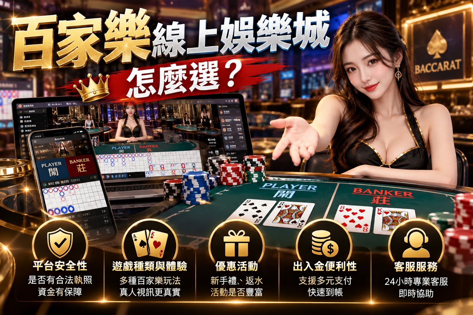 圖片以奢華金黑色調呈現線上百家樂娛樂城,結合真人荷官、撲克牌、籌碼與手機遊戲介面,展現高質感的娛樂氛圍。 透過平台安全性、遊戲體驗、優惠活動、出入金便利性及客服服務五大重點,幫助玩家了解如何挑選合適的百家樂平台。