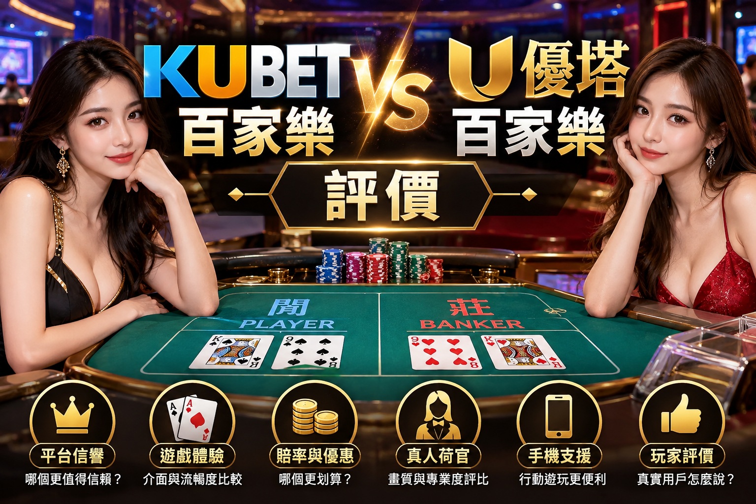 圖片以華麗的真人百家樂賭桌為背景,呈現 KUBET 百家樂與優塔百家樂的雙平台對比,搭配金色視覺設計凸顯評價主題。 透過平台信譽、遊戲體驗、賠率優惠、真人荷官及玩家評價等面向,帶領玩家了解兩大平台的特色與差異。