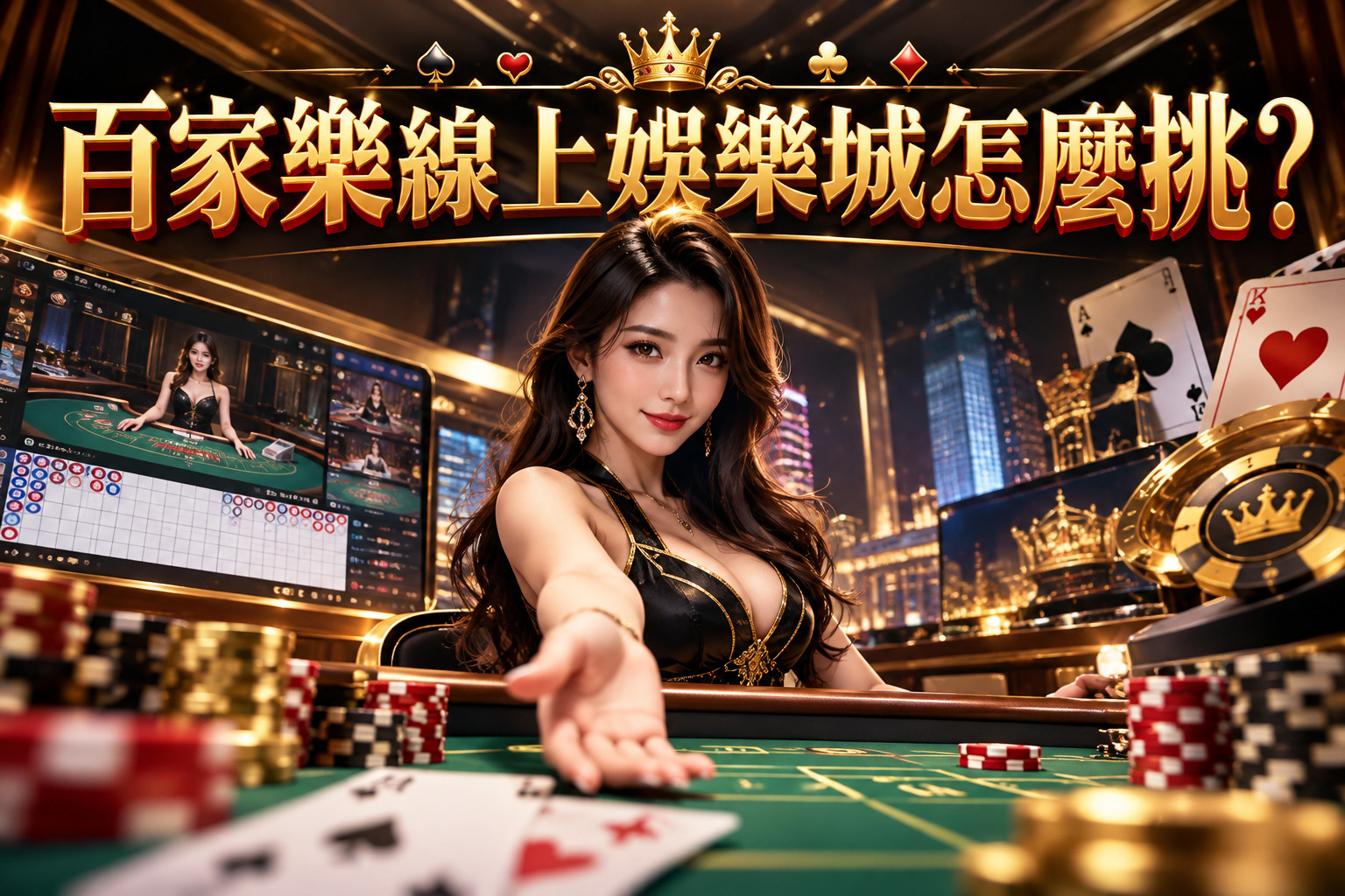 畫面以奢華金黑色調呈現線上百家樂娛樂城氛圍,結合真人荷官、撲克牌、籌碼與線上遊戲介面,展現華麗的視覺效果。 透過醒目的「百家樂線上娛樂城怎麼挑?」標題,引導玩家關注平台選擇、遊戲體驗與安全性評估。