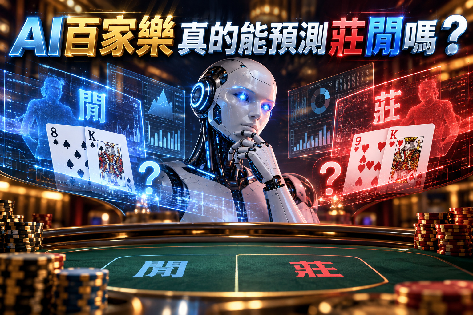 畫面以未來科技風格呈現AI機器人分析百家樂莊閒牌局,結合全息數據圖表與藍紅雙色光效,展現人工智慧預測技術的神秘感。 透過撲克牌、籌碼與問號元素,突顯「AI百家樂真的能預測莊閒嗎?」的核心疑問,引導讀者思考AI預測的準確性與限制。