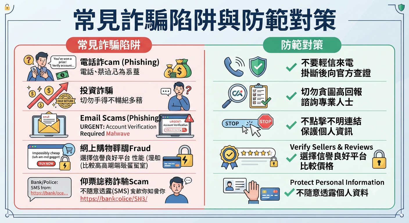 這是一張以「常見詐騙陷阱與防範對策」為主題的資訊圖表。 圖片上方展示了醒目的標題,下方則以圖文並茂的形式對比了詐騙手法與應對方法。